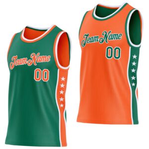 Custom Reversible Kelly Green Orange-White Double Side Star Sublimation Basketball Suit Jersey