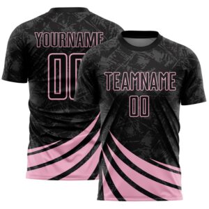 Custom Black Light Pink Distressed Diagonal Stripes Wind Shapes Sports Sublimation Soccer Uniform Jersey