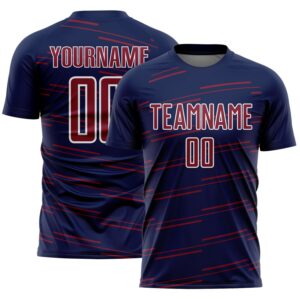 Custom Navy Crimson-White Diagonal Pinstripes Lines Sports Sublimation Soccer Uniform Jersey
